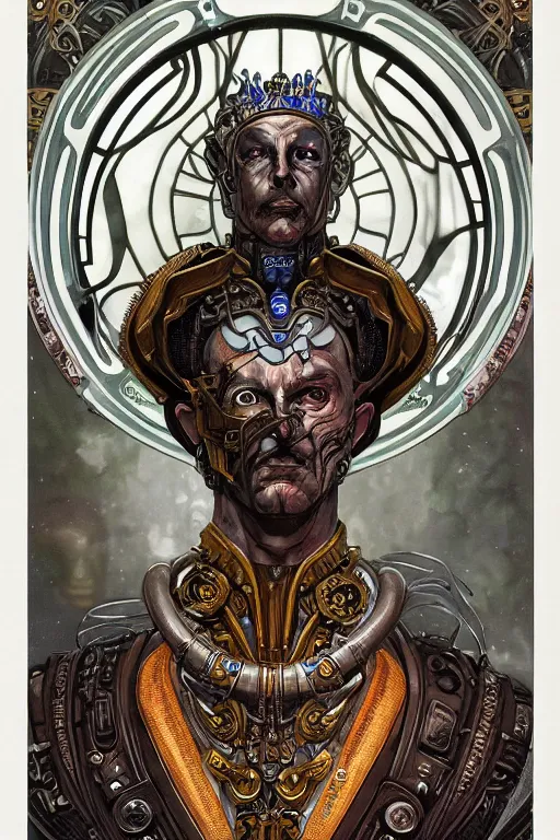 Prompt: a dramatic full-color art nouveau and ironpunk styled bust portrait of a godlike and stoic alien king, with probing and watching eyes, extremely detailed, art nouveau cyberpunk engraved armor and intricate crown of infinite power, perfectly symmetrical facial structure and framework, handsome yet fearsome alien facial features of ancient wisdom and power, by p. craig russell, michael kaluta and travis charest, dark sci-fantasy, deeply ornate complexity, male face and bust, human anatomy mixed with cosmic alien and cyborg characteristics, sci-fi character concept, photorealism, art nouveau framing, stunning lighting, hyperrealism, 8k