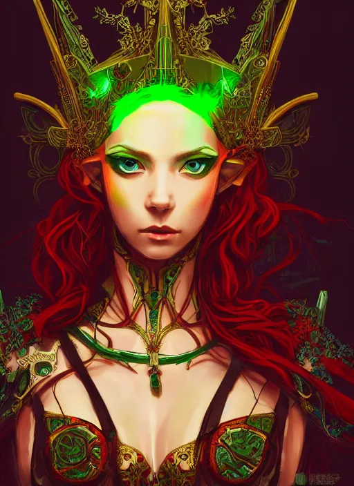 Image similar to a painting of a beautiful cyberpunk elven queen with long red hair, wearing green, red and gold ornate dress, golden intricate crown. detailed symmetrical full body portrait, intricate complexity, concept art, by makoto shinkai and studio madhouse. cinematic dramatic atmosphere, sharp focus