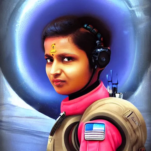 Image similar to a female space cadet from india, resting after a hard mission, happily tired, sci fi character portrait by Vincent deFate