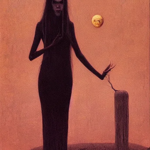 Prompt: majestic pale vampire princess with very long black hairs at moon night, by Beksinski