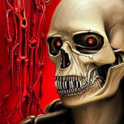 Image similar to surreal portrait of a man by Greg Rutkowski and H.R Giger, a biomechanical skull from whose sockets a red light emanates, between human and alien, connected by pipes and cables, terrifying, disturbing, cosmic void background, frightening, fascinating, highly detailed portrait, digital painting, book cover, artstation, concept art, smooth, sharp foccus ilustration, Artstation HQ.