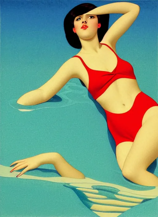 Image similar to portrait of a girl, in retro swimsuit, lying by the pool, minimalist oil painting by john godward, cheng, hsiao - ron, flat colors, beautiful lightning, sharp