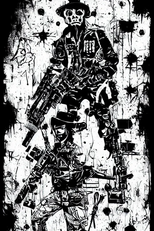 Prompt: a paranormal soldier, ouija tattoo on face, emp weapons strapped in shoulders, horror sci - fi black and white, art by kevin eastman