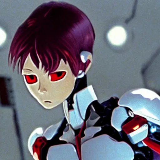 Image similar to movie still of a cyborg evangelion, cinematic composition, cinematic light, warm lighting criterion collection, by edgar wright and edgar allan poe