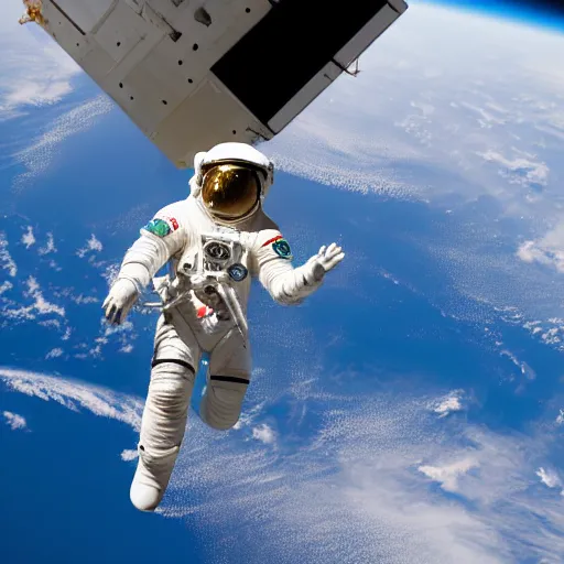 Image similar to an astronaut standing on the ISS floating above earth, breathtaking, cinematic, dramatic lighting, volumetric, cinematic composition, awe inspiring