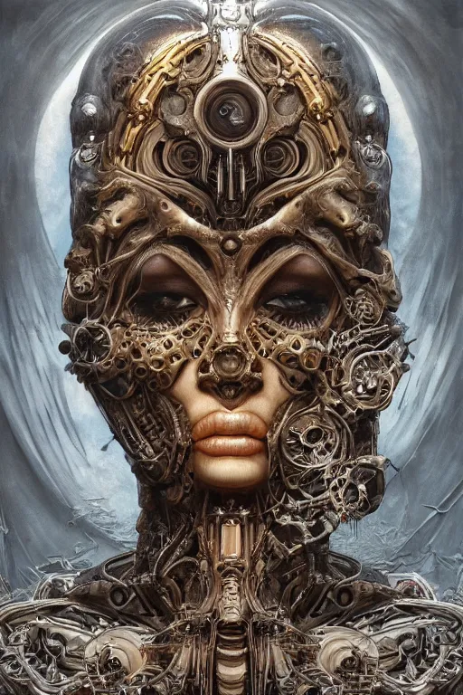 Prompt: biomechanical goddess beautiful face, doom, sf, intricate artwork masterpiece, ominous, matte painting movie poster, golden ratio, trending on cgsociety, intricate, epic, trending on artstation, by artgerm, h. r. giger and beksinski, highly detailed, vibrant, production cinematic character render, ultra high quality model