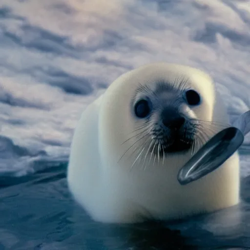 Image similar to a film still of a baby harp seal as hector escaton, westwood 2 0 2 0