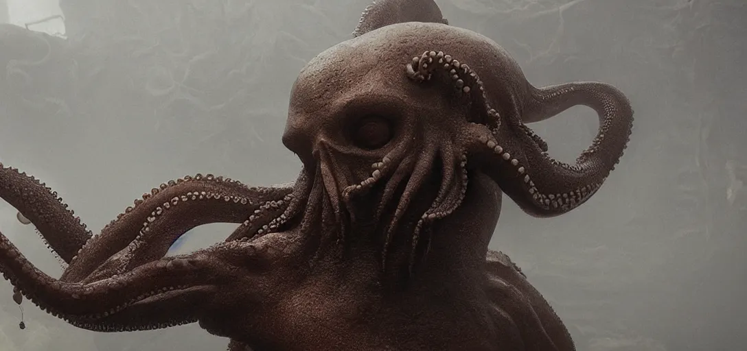 Prompt: an | | octopus | in the shape of a | skull |, foggy, cinematic shot, photo still from movie by denis villeneuve, wayne barlowe