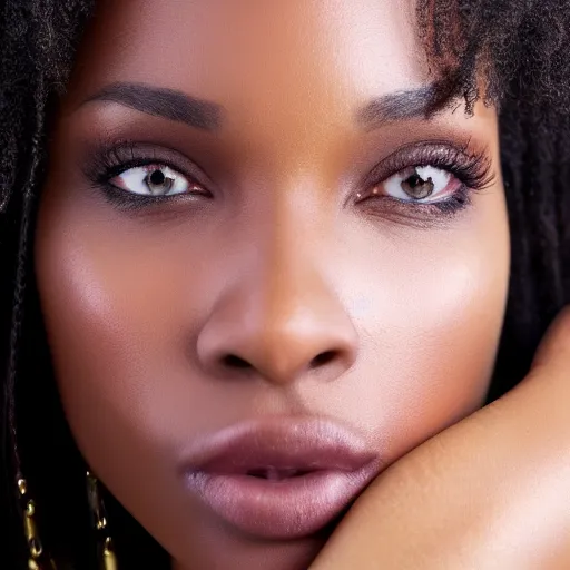 Prompt: a closeup portrait of a black woman with brown hair and brown eyes. Extremely clear and high quality eyes with reflection, realistic face and details, clear lips and high quality