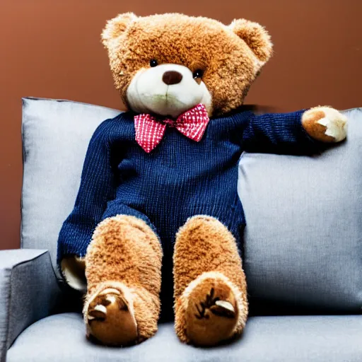 Prompt: a teddy bear wearing business casual clothes sitting on a couch, 4 k photo