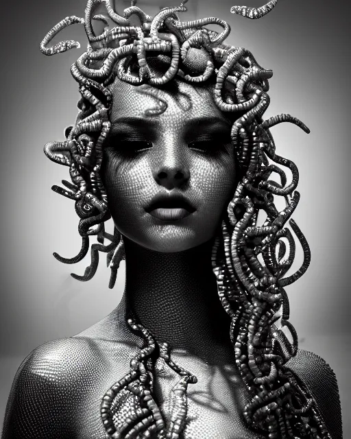 Prompt: surreal mythical dreamy artistic black and white fine art photo of a beautiful young female queen - medusa - cyborg covered with metal fish scales and translucent algae, highly detailed, intricate crystal ivy jelly fish scales ornate, poetic, octane render, 8 k, photo - realistic