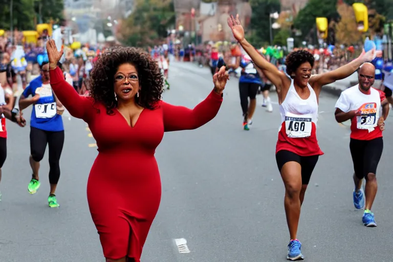 Image similar to oprah with hands in air shouting screaming running marathon