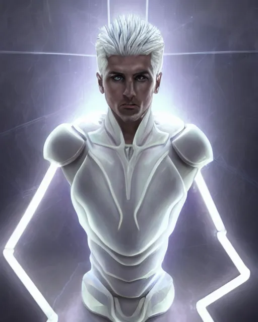 Image similar to perfect white haired egyptian male god, brute, fantasy nanosuit powered exosuit neon skin armor, beautiful, symmetric, dreamy, half african, ancient, charlize theron, detailed, scifi platform, laboratory, experiment, 4 k, ultra realistic, epic lighting, android body, illuminated, cinematic, masterpiece, art by akihito tsukushi, voidstar