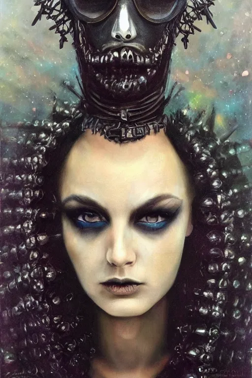 Image similar to hyperrealism oil painting, close - up portrait of punk gothic medieval brunette fashion model, knight, steel gradient mixed with nebula sky, in style of baroque