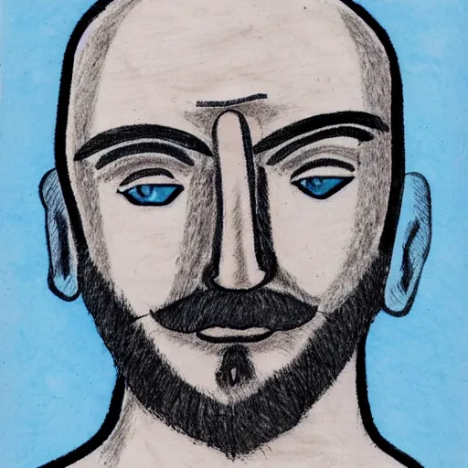 Image similar to portrait of bald bearded man with round face and blue eyes, minimalictic black and white art brut, ink, pencil