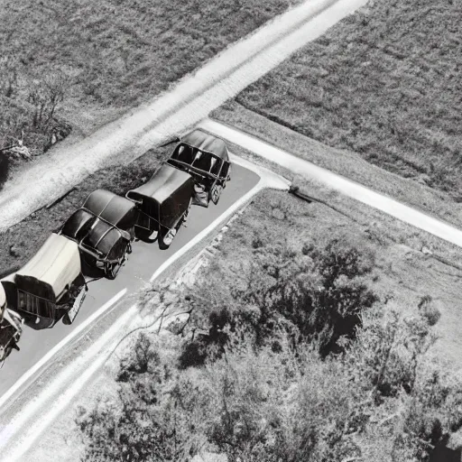 Prompt: a birds - eye view sepia photograph of a delorean in a line with covered wagons and cattle