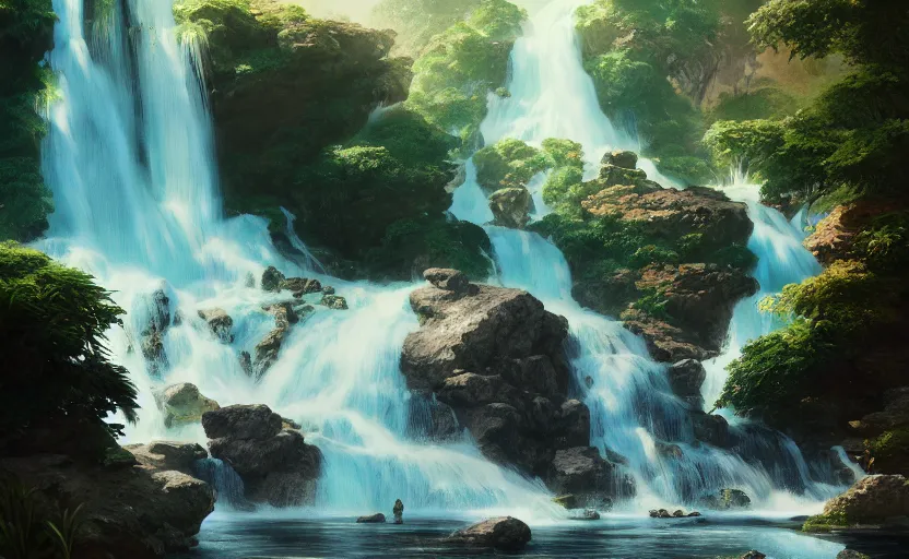 Prompt: flowing waterfall + lush rockscape + gushing clear water full of fish and algae, highly detailed, digital painting, artstation, concept art, smooth, sharp focus, illustration, art by wlop, mars ravelo and greg rutkowski