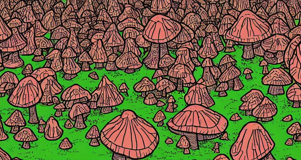 Prompt: A tribal village in a forest of giant mushrooms, by Jhonen Vasquez