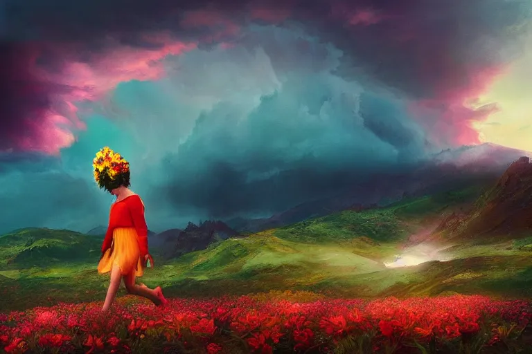 Image similar to giant dahlia flower crown under head, girl walking on mountain, surreal photography, colorful storm clouds, dramatic sunset, impressionist painting, digital painting, artstation, simon stalenhag