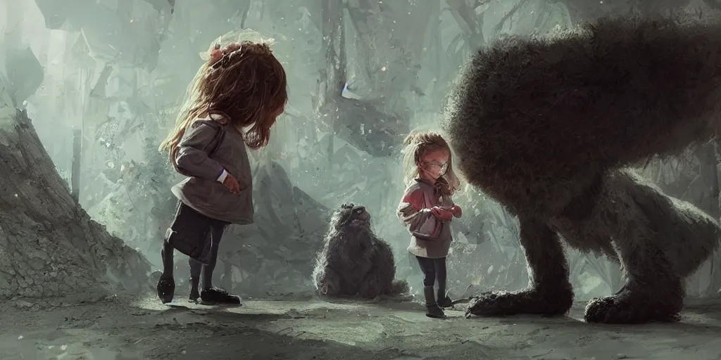 Prompt: little girl wearing big glasses and doctor clothes along with a big friendly furry monster, character sheet, concept design, greg rutkowski, zabrocki, karlkka, jayison devadas, trending on artstation, 8 k, ultra wide angle, zenith view, pincushion lens effect