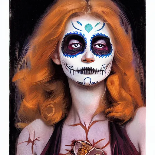 Prompt: portrait, day of the dead girl by petros afshar, hyper real, laurie greasley, jc leyendecker and singer sargent