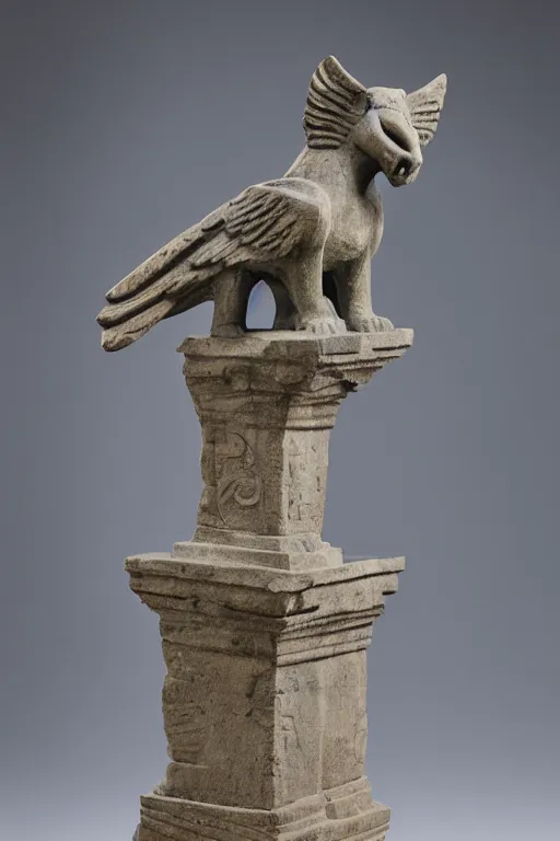 Image similar to a stone sculpture of a winged panther sitting on a pedestal with intricate carvings and fine detail