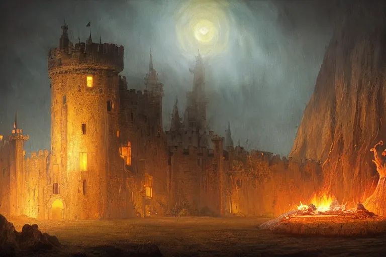 Image similar to a castle at night being lit up by the fire of a dragon, Les Edwards, Zdzislaw Beksinski, Carl Gustav Carus, John Harris, Michal Karcz, Zhang Kechun, Mikko Lagerstedt, Scott Listfield, Steven Outram, Jessica Rossier