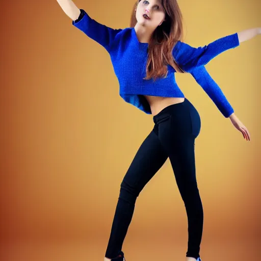 Image similar to tiktok dancing beautiful young woman on gradient background, studio photo, highly detailed