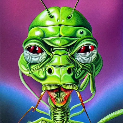 Image similar to beautiful lifelike painting of praying mantis, hyperreal detailed facial features and uv lighting, art by ed roth and basil wolverton
