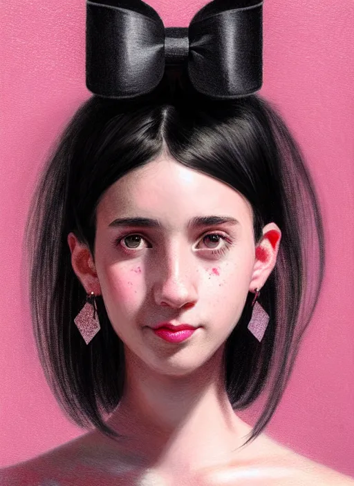 Image similar to portrait of teenage girl, realistic, black hair, bangs, half updo hairstyle, pointy nose, skinny, smile, ugly, defined jawline, big chin, pink hair bow, earrings, intricate, elegant, glowing lights, highly detailed, digital painting, artstation, sharp focus, illustration, art by wlop, mars ravelo and greg rutkowski