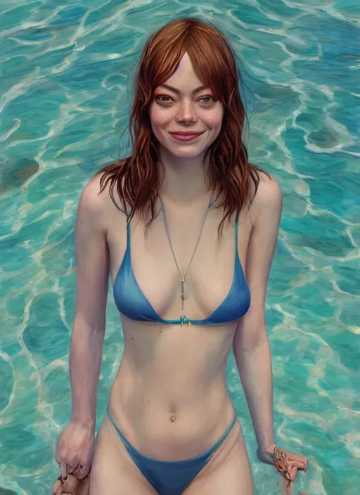 Image similar to portrait of Emma Stone in swimsuit, au naturel, hyper detailed, digital art, trending in artstation, cinematic lighting, studio quality, smooth render, unreal engine 5 rendered, octane rendered, art style by klimt and nixeu and ian sprigger and wlop and krenz cushart