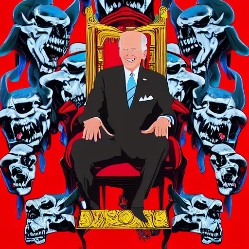 Image similar to Demon Joe Biden sitting on a throne of skulls, digital painting