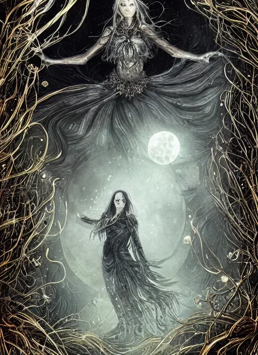 Image similar to glowing silver and golden elements, portrait, A beautiful dark witch in front of the full big moon, book cover, green forest, red white black colors, establishing shot, extremly high detail, foto realistic, cinematic lighting, pen and ink, intricate line drawings, by Yoshitaka Amano, Ruan Jia, Kentaro Miura, Artgerm, post processed, concept art, artstation, matte painting, style by eddie, raphael lacoste, alex ross