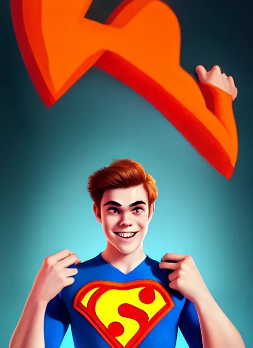 Image similar to friendly teenage archie andrews wearing an orange superhero costume with heart logo, heart, freckles, blue cape, heart emblem on chest, blue cape, intricate, elegant, glowing lights, highly detailed, digital painting, artstation, sharp focus, illustration, art by wlop, mars ravelo and greg rutkowski