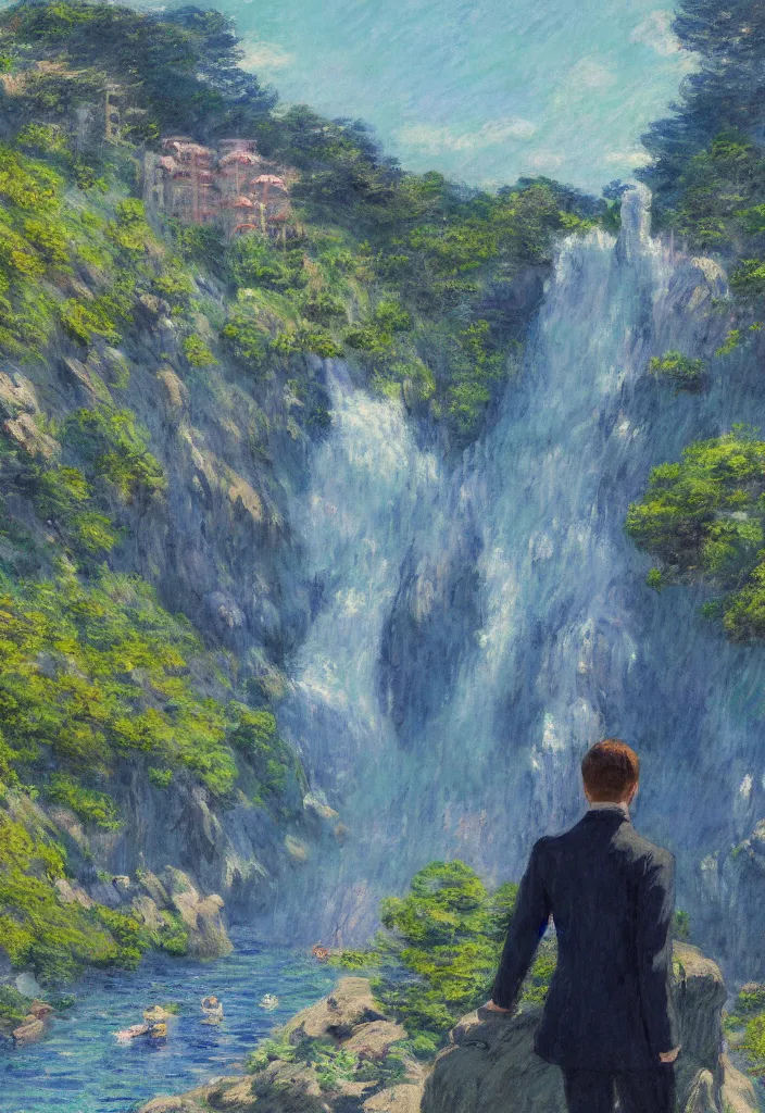 Image similar to tiny businessman in front of a japanese city in the mountain surrounded by waterfall. cyberpunk, boats flying. beautiful blue sky. gorgeous epic nature, lofi, vivid colors, amazing light, by jeremy lipkin, by claude monet, heavily inspired by makoto shinkai, inspired by ghibli, masterpiece, multiple brush strokes, impressionist style