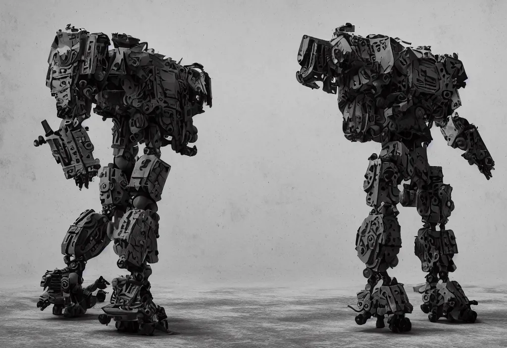 Image similar to military quadruped tiger shaped mech, with black carbon fibre muscular limbs, sinew, clean, simple, minimalist, side view, product design, modern, on an empty grimy concrete background, weta, cinematic, realistic, stylised, unreal engine, hyper realistic, octane render