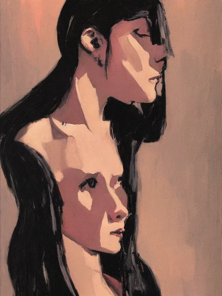 Image similar to portrait profile of one mysterious dark beautiful women in 1 9 7 8, oil painting by john watkiss