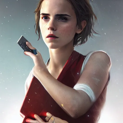 Image similar to a girl who is a mix of emma watson and scarlett johansson and nathalie portman, plugging herself to a computer through an usb cable and a port in her arm, very detailled, by david rutkowski and artgem