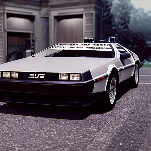 Image similar to still photo of delorean back to the future, highly detailed, photorealistic, bright studio setting, studio lighting, crisp quality and light reflections, unreal engine 5 quality render