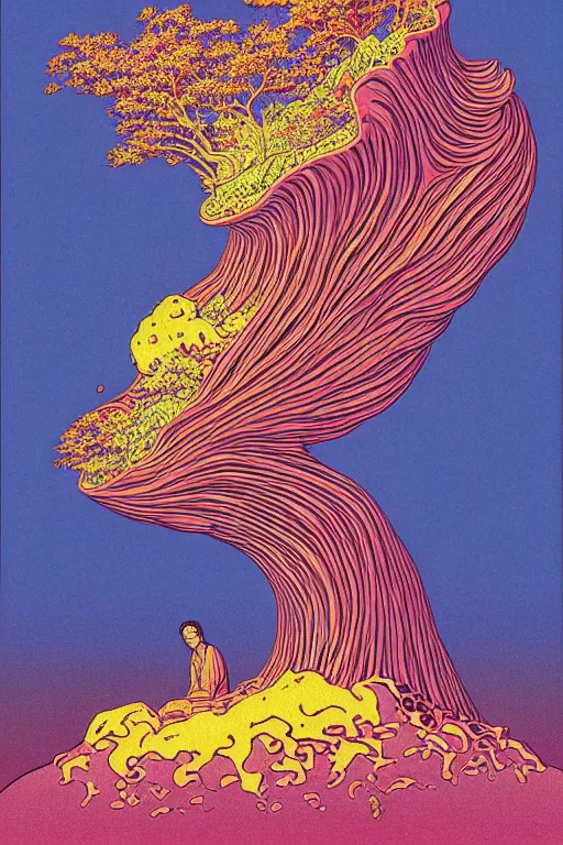 Image similar to a tab of LSD acid melting into a surreal psychedelic hallucination, risograph by kawase hasui, moebius and dan hillier, risograph, colorful flat design, hd, 8k, artstation