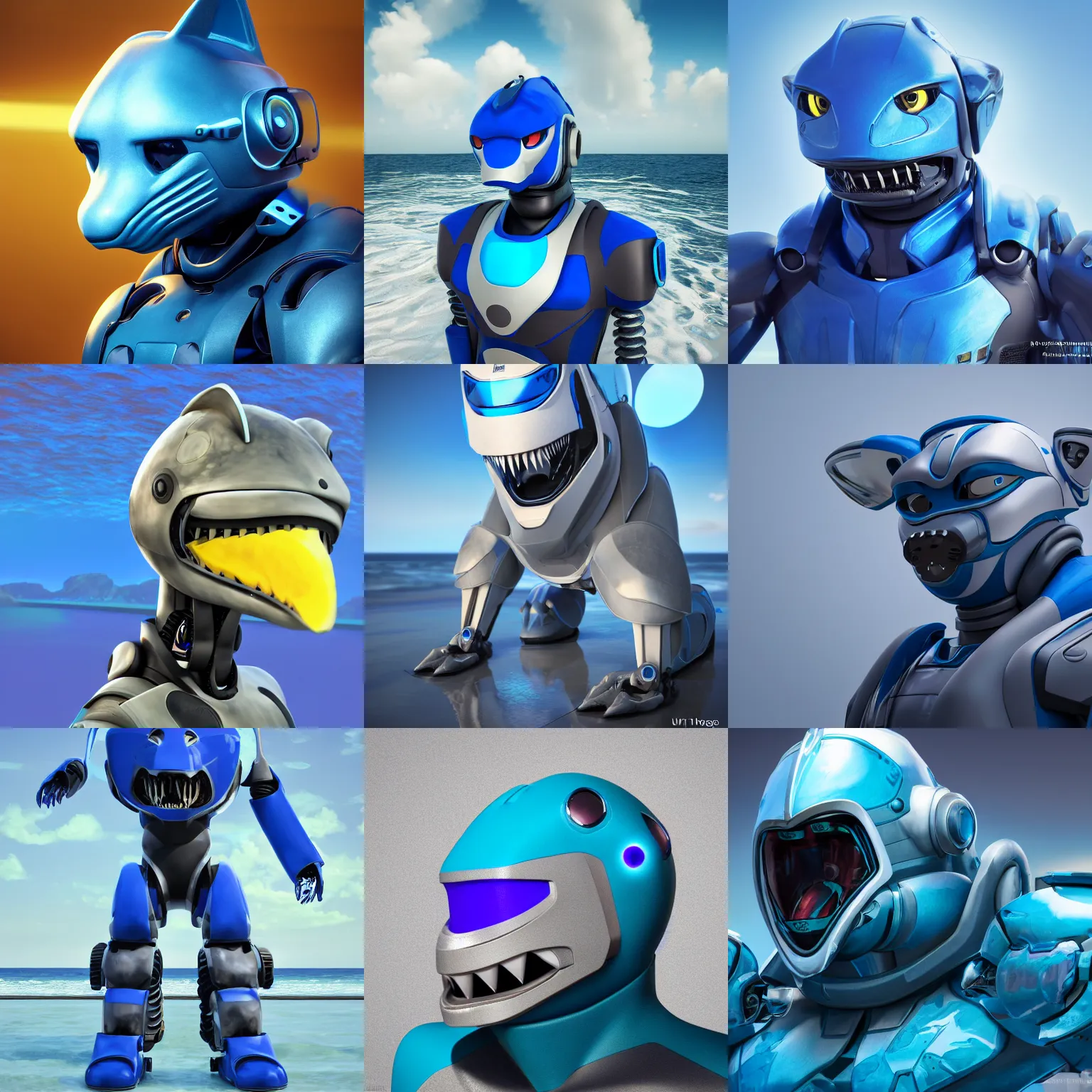 Image similar to furry art, male anthro shark hybrid robot, integrated synthetic android, face covered by visor, wide snout protruding from under visor, ultramarine metal, sea in background, fursona commission on furaffinity, 3 d, cgsociety, octane render