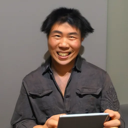 Prompt: a photo of tai warlord think to write something on his tablet in his hand. he is smiling with his ideas