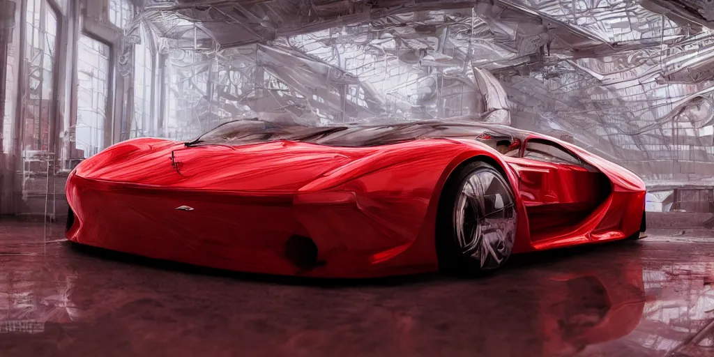 Image similar to kama russian electrocar, inside futuristic hangar, red car, sharp focus, ultra realistic, ultra high pixel detail, cinematic, intricate, cinematic light, concept art, illustration, art station, unreal engine 8 k