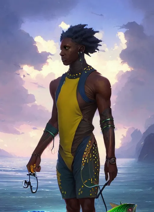 Image similar to portrait of a jamaican fisherman sci - fi fishing armor muscular cyberjamaicanpunk intricate elegant highly detailed digital painting artstation concept art, greg rutkowski, loish, rhads, ferdinand knab, makoto shinkai and lois van baarle, ilya kuvshinov, rossdraws, tom bagshaw