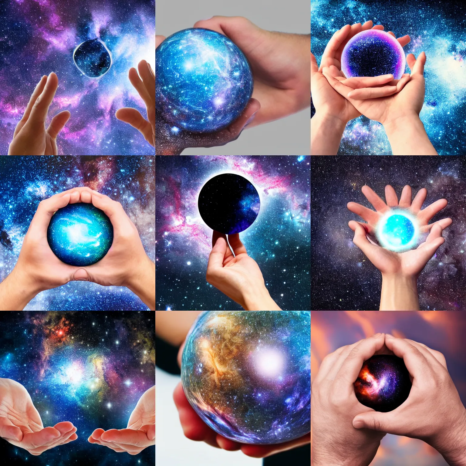 Prompt: male hands holding a galaxy, high detail of a hand, realistic photo