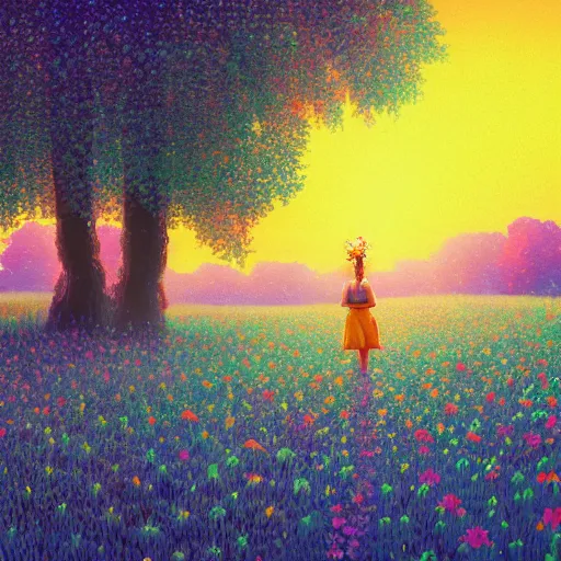 Image similar to girl with one flower head, in a field with flowers, hills, big trees, sunrise dramatic light, impressionist painting, colorful clouds, digital painting, pointillism, artstation, simon stalenhag