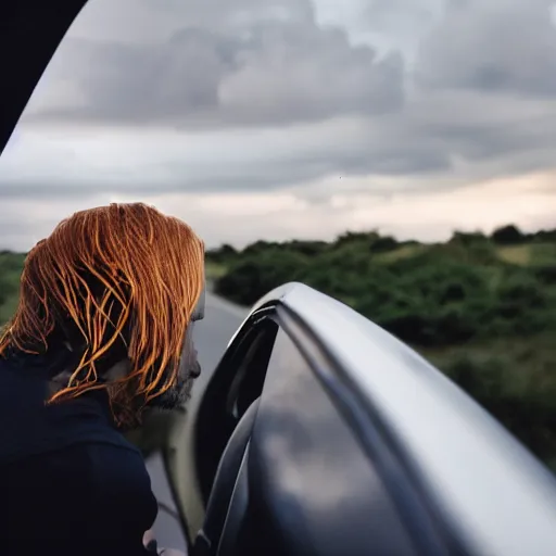 Prompt: a cinematic shot of a grown boy from behind his back looking out of his car window and his long hair flowing due to the wind, sky is orangish outside