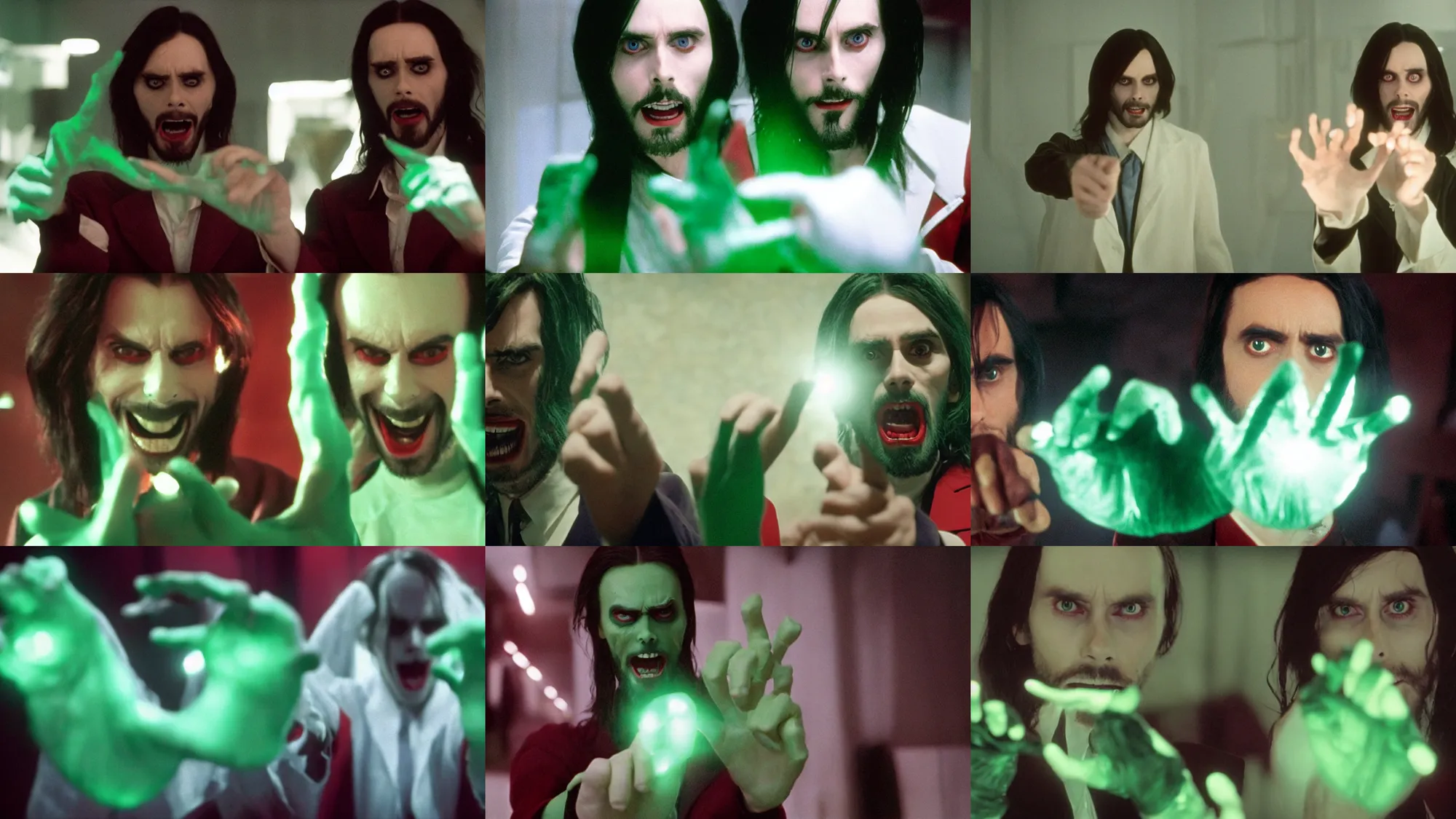 Prompt: The scene in Morbius where Dr. Michael Morbius (Jared Leto) holds his faintly glowing fist-sized green translucent brilliant cut diamond in his hand, shot on Kodak Vision 200T, 8k, cinematography, composition, beautiful lighting