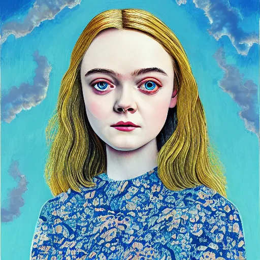 Prompt: professional painting of Elle Fanning in the style of Edward Okuń, head and shoulders portrait, symmetrical facial features, smooth, sharp focus, illustration, intricate, stormy weather, extremely detailed masterpiece,