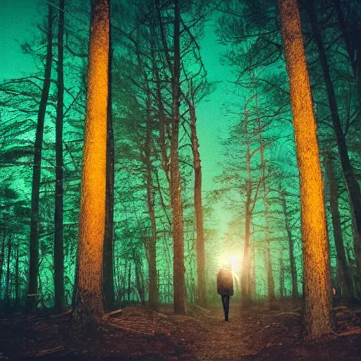 Image similar to A giant man walking through a forest at night, small shack in the distance, long shot angle